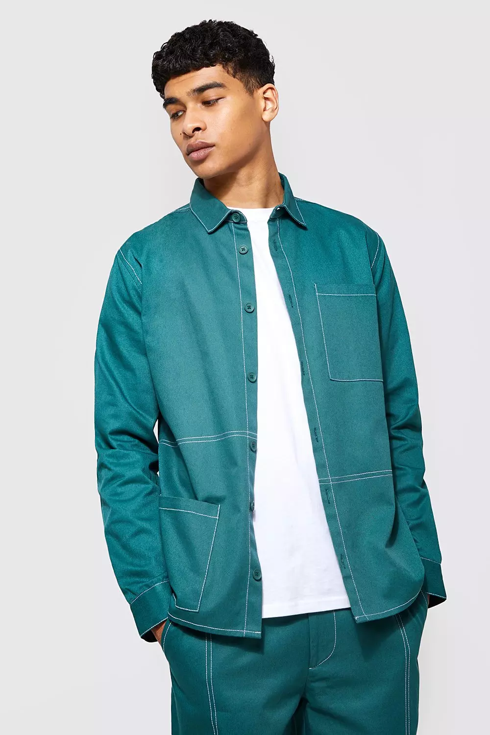 Dark Green Contrast Stitch Twill Overshirt And Trousers
